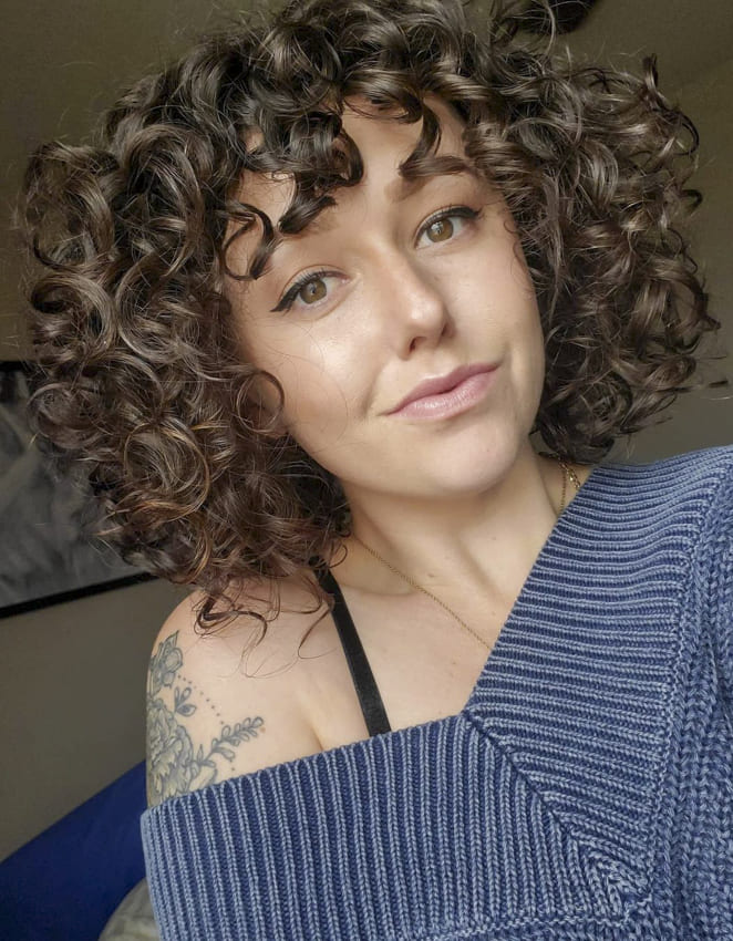 brown hair color curly hairstyles with bangs