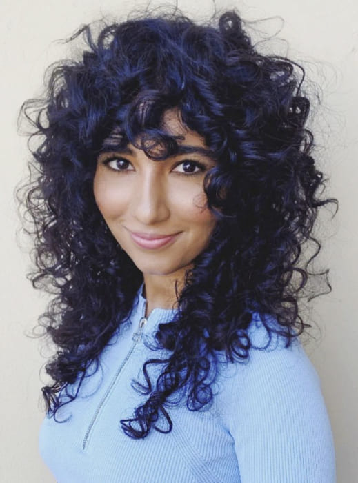 Blue black long curly hairstyles with bangs