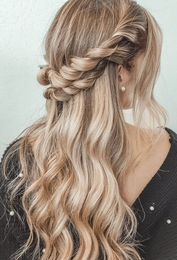 Long blonde with braid half up half down wedding hairstyles