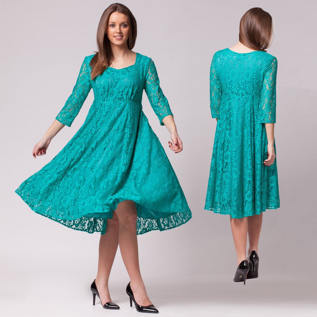 Flower-patterned cottage long turquoise dress