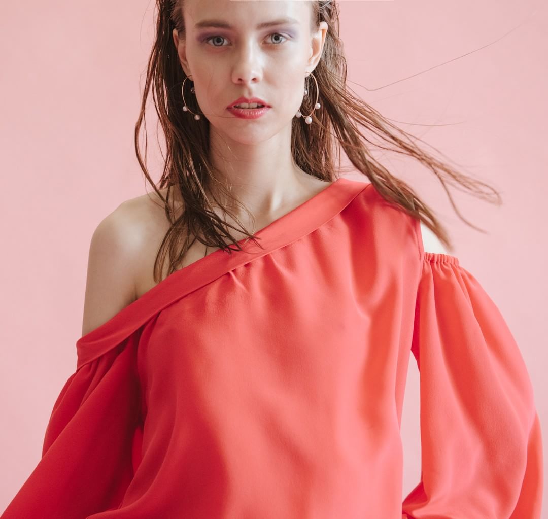 Open Shoulder Red Silk Blouse