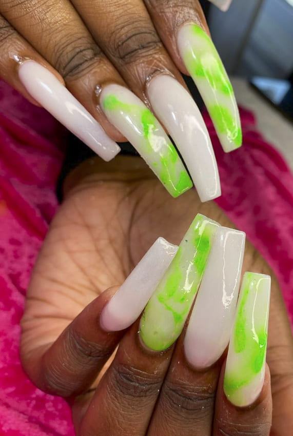 Long White and green summer nails design ideas