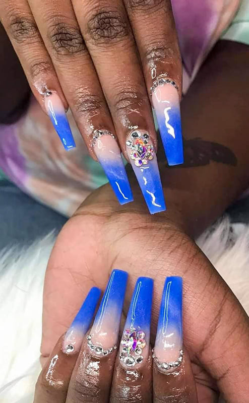 Blue with diamonds ombre nails