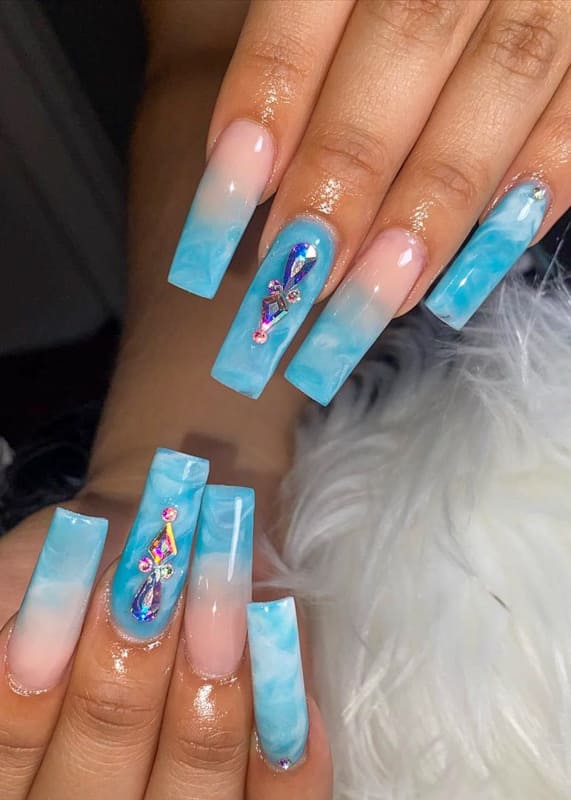 Ocean wave blue ombre nails