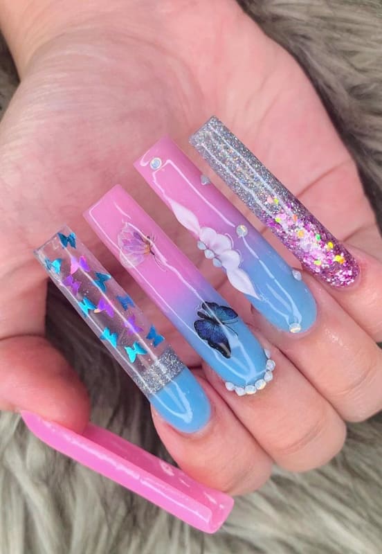 Pink and blue long ombre nails