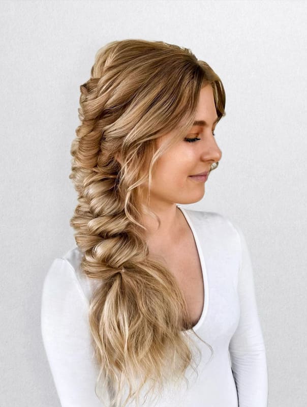 Side fishtail braided wedding long hair
