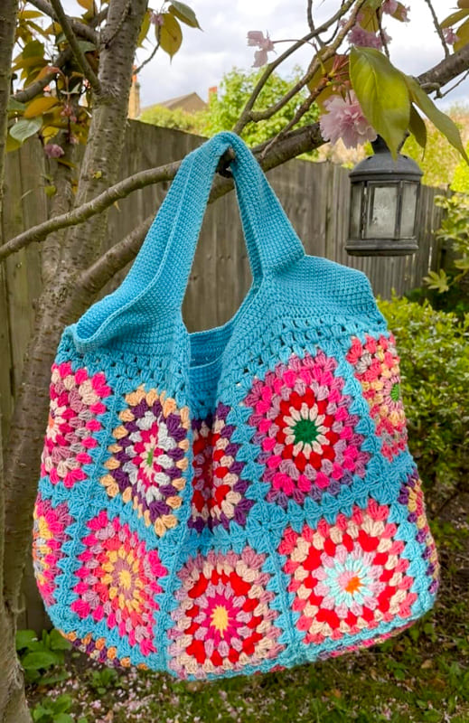 Blue and pink granny square crochet bag