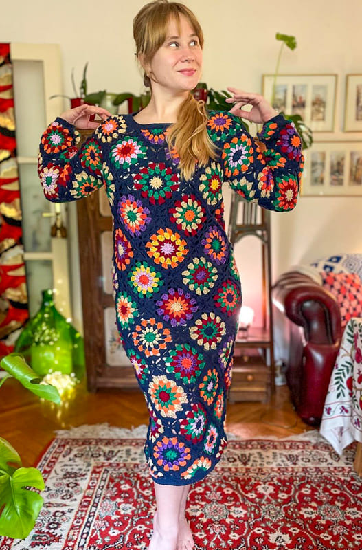 Long arms granny square dress