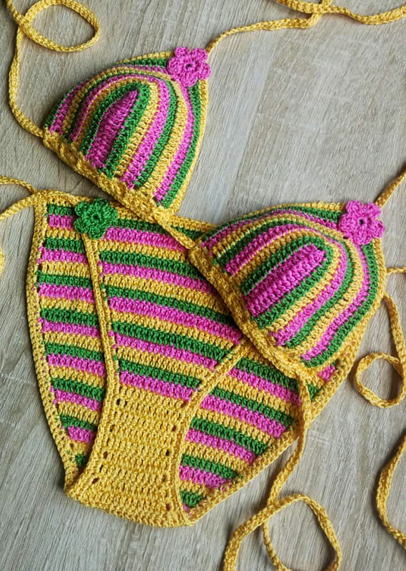 awesome rainbow pink green yellow color crochet bikini