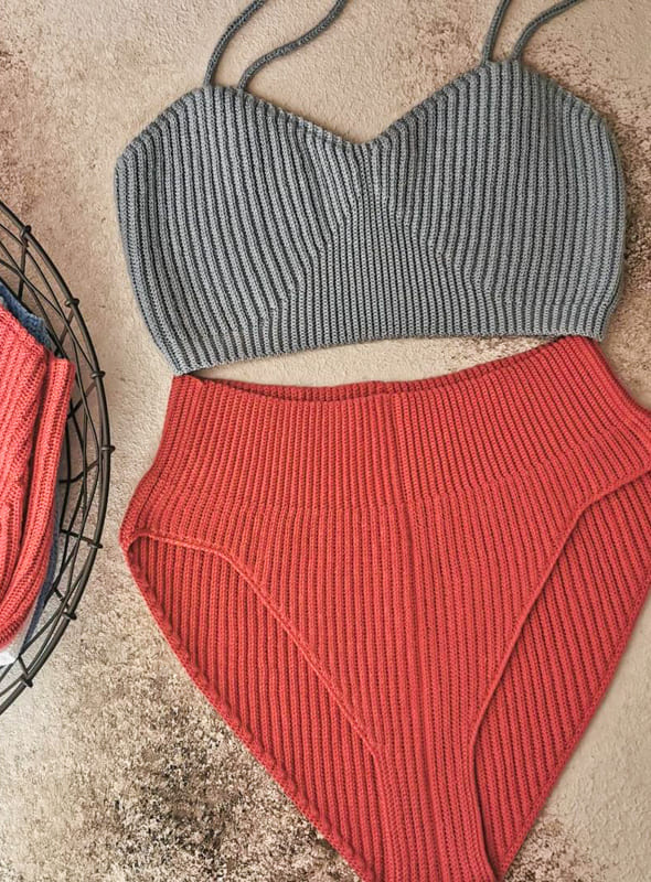 grey and red crochet bikini