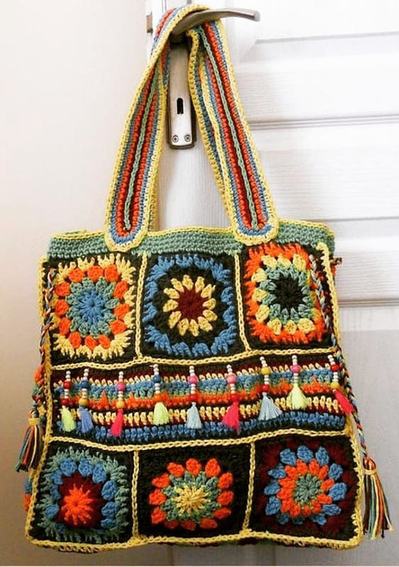 natural hippie granny square crochet bag