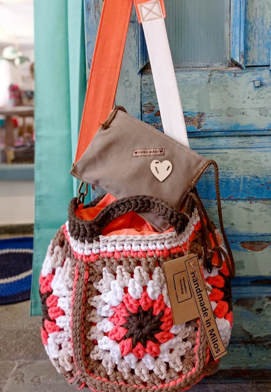 orange and brown granny square crochet bag