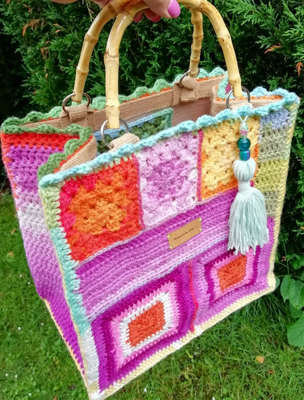 pink and soft colors granny square crochet bag