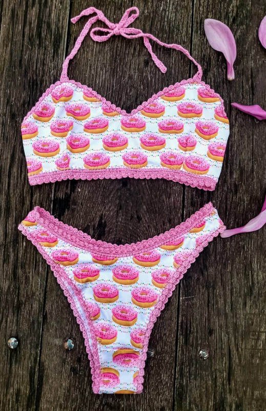 pink donuts and white crochet bikini