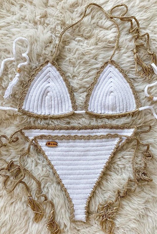 white and brown crochet bikini
