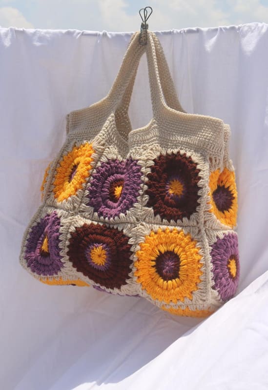 yellow and cream granny square crochet bag