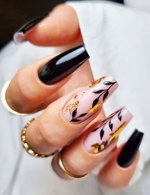 Black Nails with Leaves