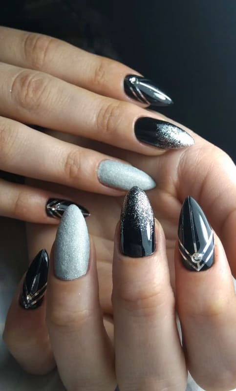 Black and silver almond nails