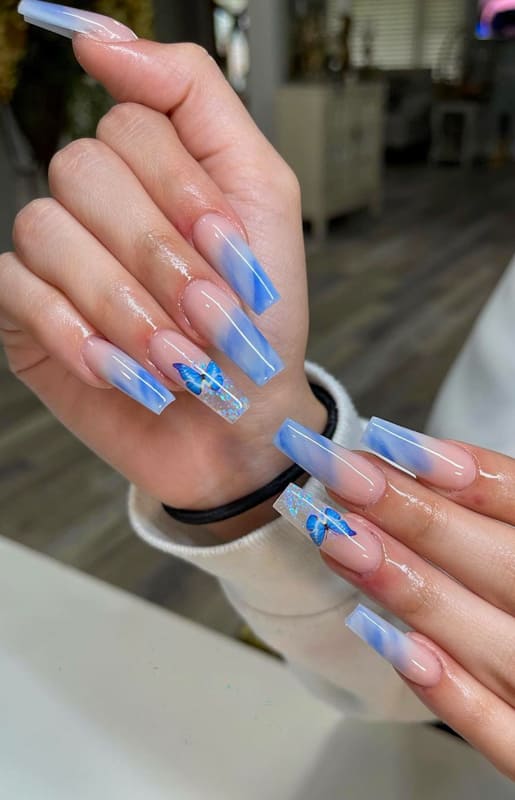 Blue Ocean Marble False Press On XL Ballerina Nails Set | eBay