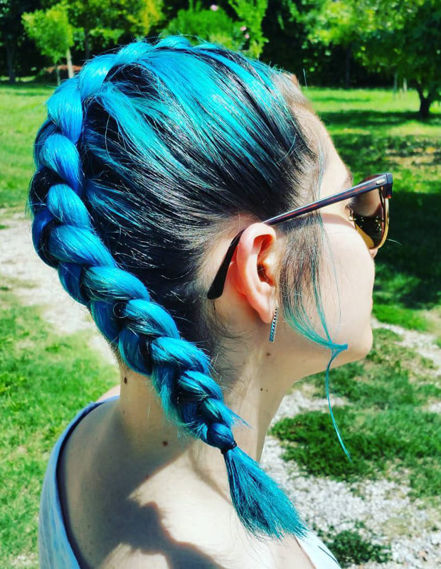 Blue teal braiding hair