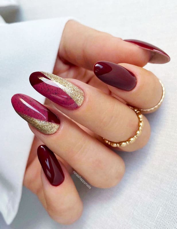 Burgundy Color Glitter Almond Nails