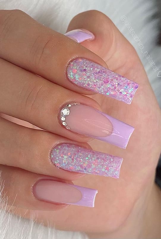 Glitter and crystal lavender nails