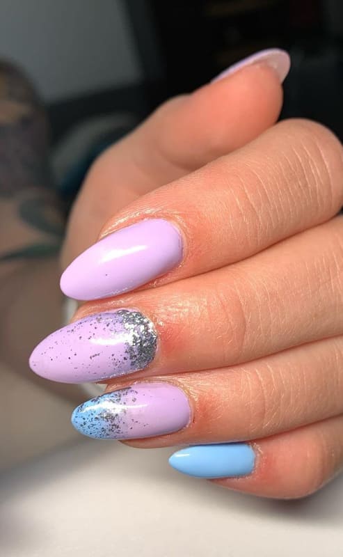Glitter blue and lavender nails