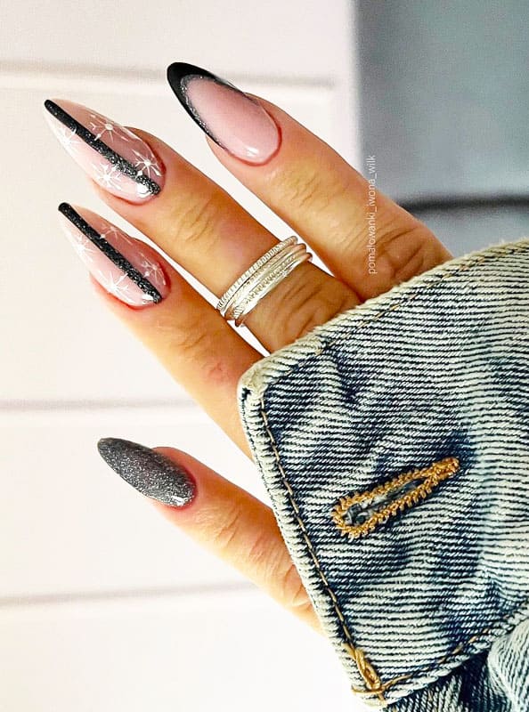 Grey Glitter and Black Nails