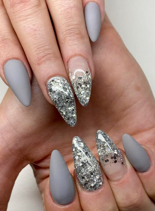 Grey glitter almond nails