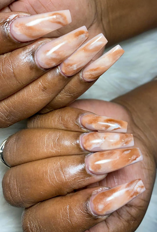 Long Coffin nude marble nails