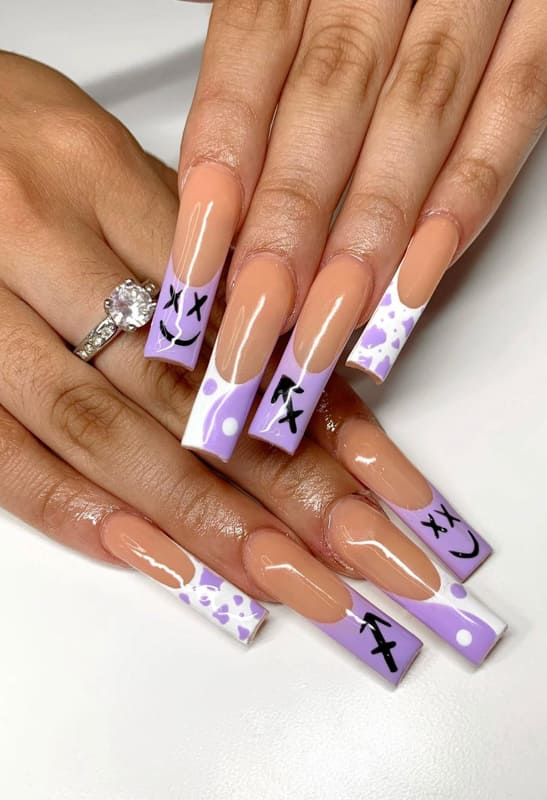 Long and emoji lavender nails