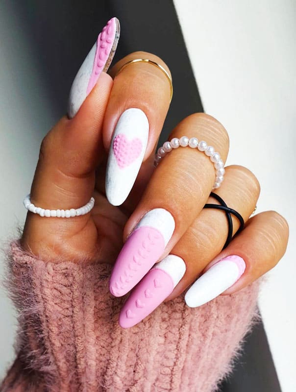 Pink and White Matte Almond Nails