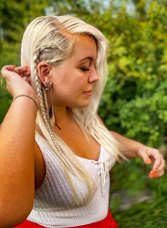 Platinum blonde side viking braids hair