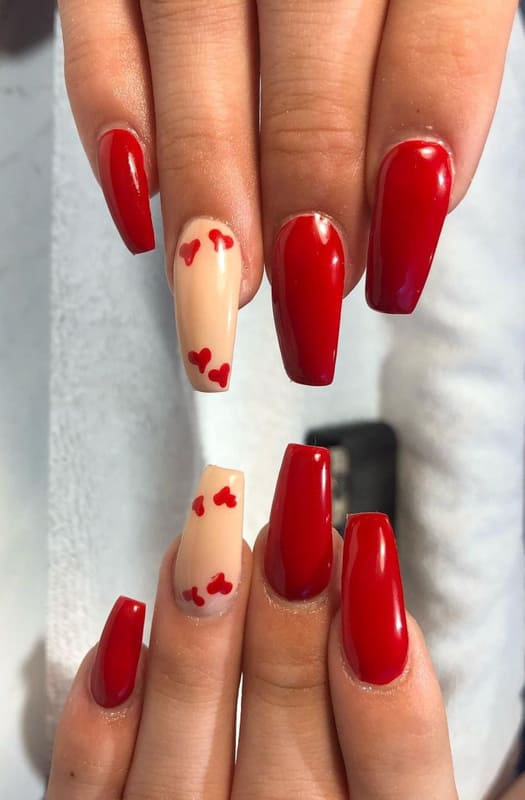 Red with hearts coffin nails