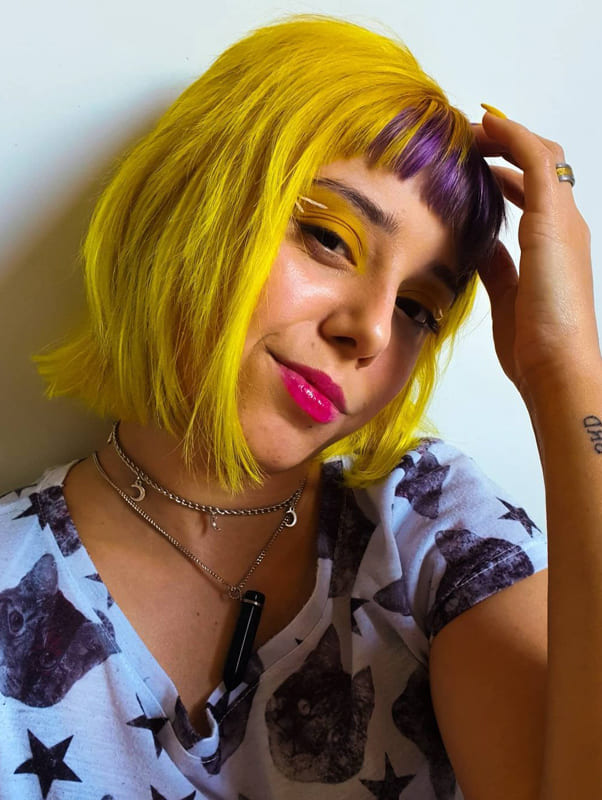 Short bob yellow purple hair with bangs