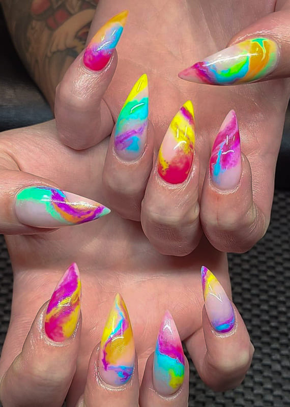 Stiletto rainbow marble nails