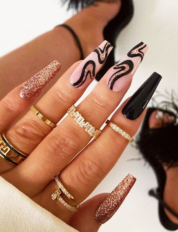 Swirl and Glitter Black Nails