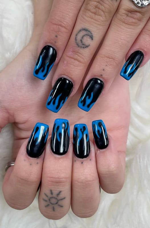 Black and blue flame nails