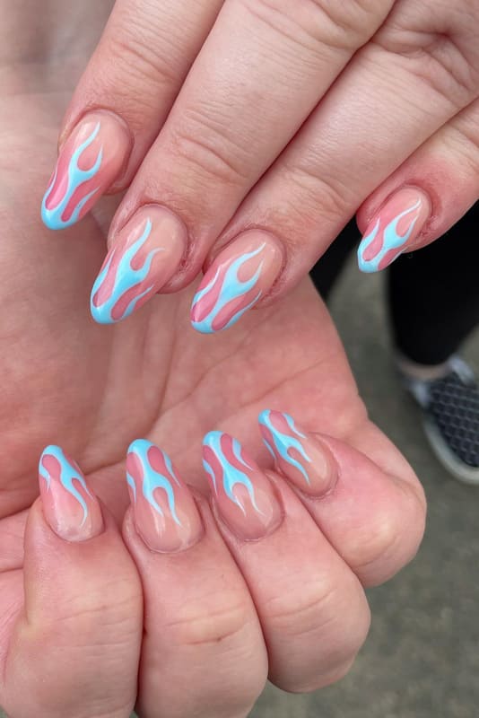 Blue flame nude almond nails