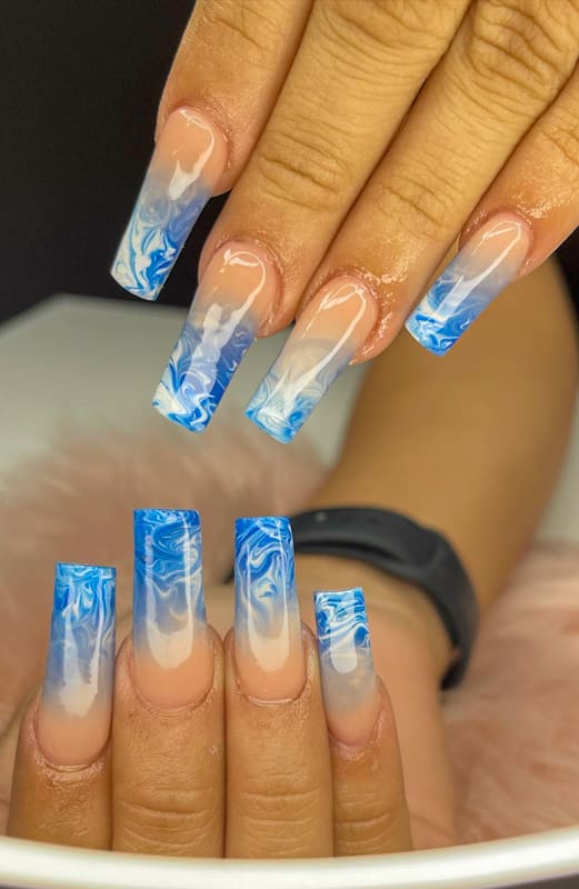Blue marble and ombre nails