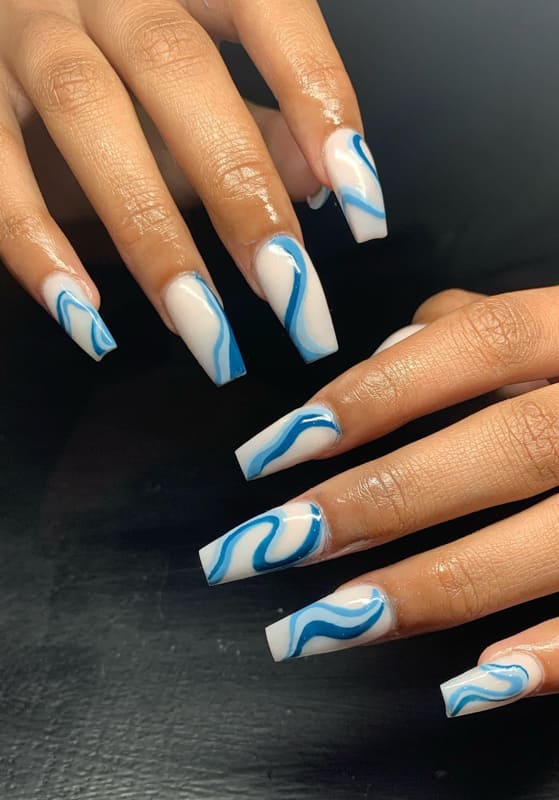 Blue swirl coffin nails