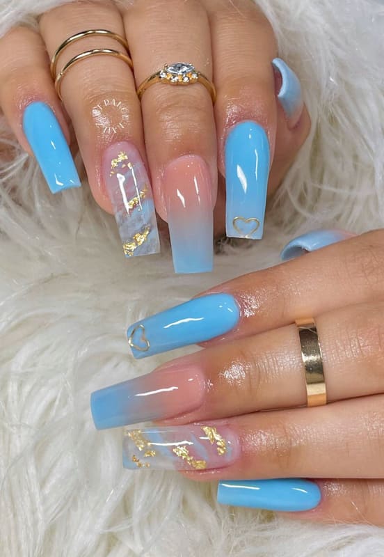 Long coffin blue ombre nails