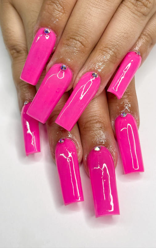 Long coffin bright pink nails