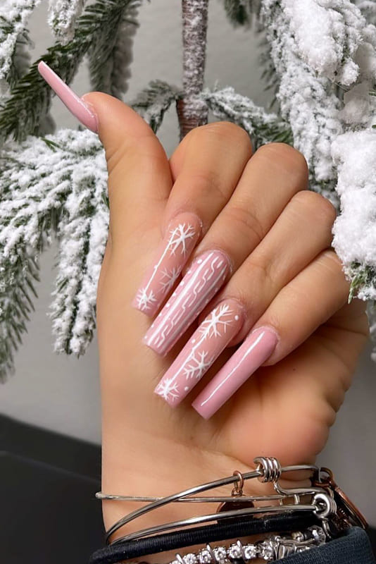 Long square pink christmas nails