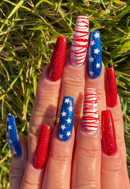 Patriotic red white and blue nails