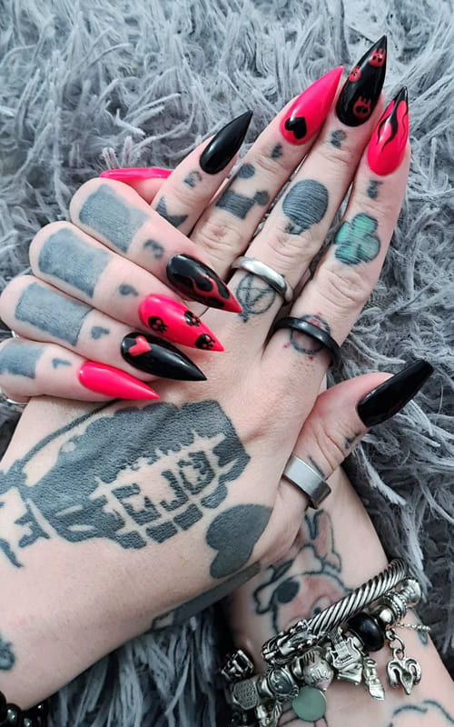 Pink and black halloween nails