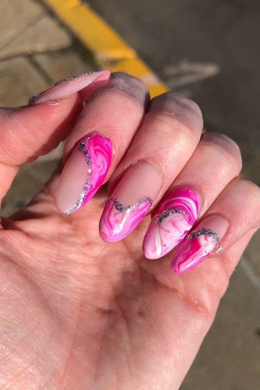 Pink long marble nails