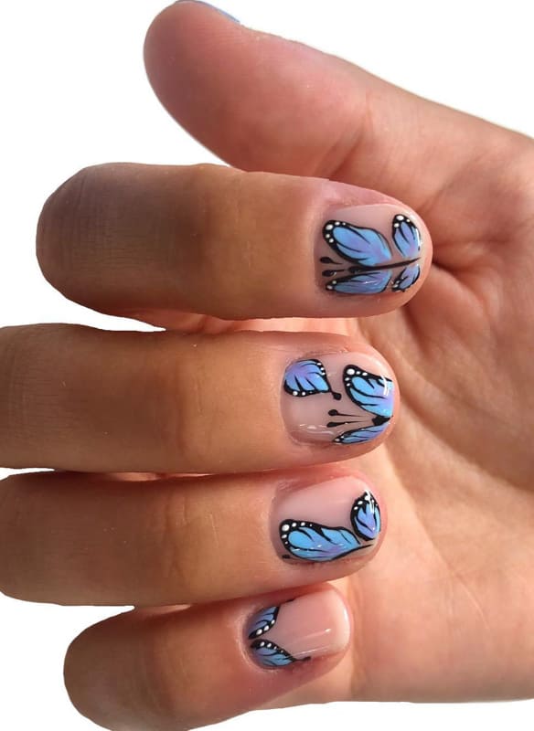 Short blue butterfly nails