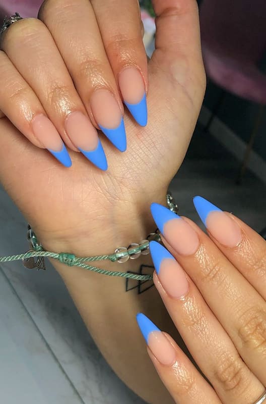 Stiletto French matte blue nails
