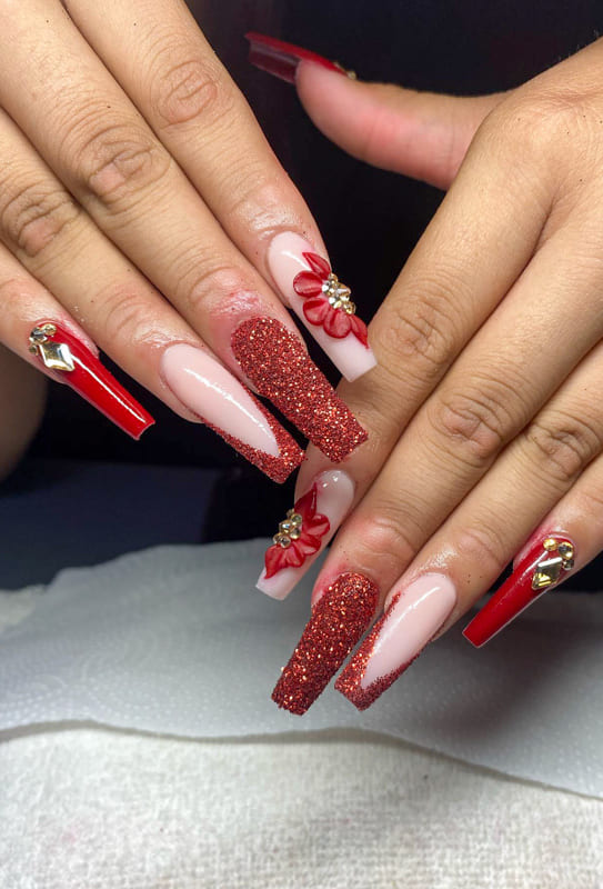 Coffin red glitter acrylic nails